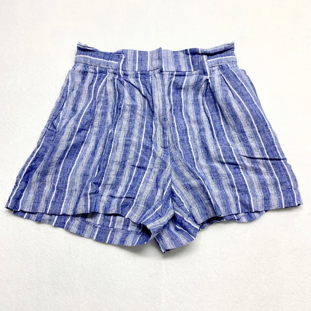 H&M High Waisted Striped Shorts‎ Womens Size 6 Blue White Linen Blend Pleated